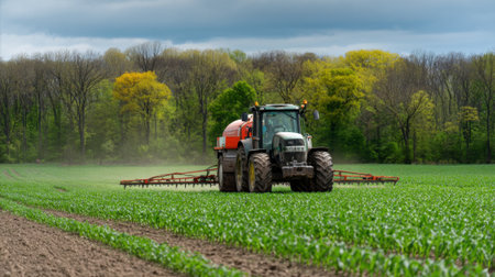 A powerful tractor sprays fertilizer on vibrant green crops as clouds linger above.の素材