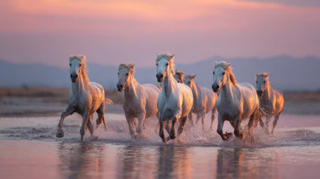 White horses race across the water splashing playfully under a colorful sunset sky.の素材