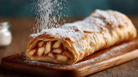 A freshly baked apple strudel rests on a wooden board sprinkled with sweet powdered sugar.の素材