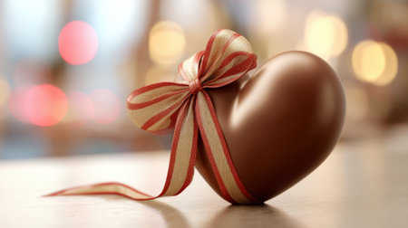 A beautifully wrapped chocolate heart sits on a wooden table radiating joy and love.の素材