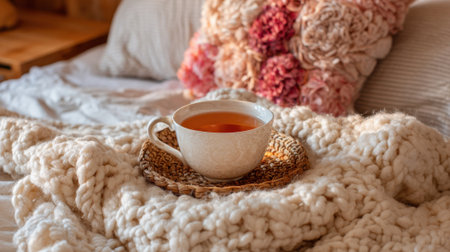 A comforting cup of tea sits on a woven plate atop a chunky knit blanket in a cozy bedroom.の素材