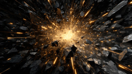 Bright light and fragments scatter in all directions amid a powerful cosmic explosion in space.の素材