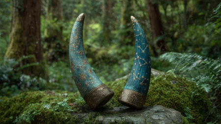 Two beautifully designed horns with gold detailing sit on a mossy stone surrounded by greenery.の素材