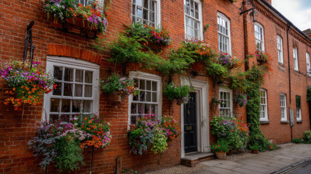 A historic brick building shows off colorful flowers brightening the street in a sunny afternoon.の素材