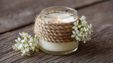 Soft candlelight flickers beside delicate white flowers on a weathered wooden table evoking calm.の素材