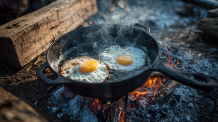 Two eggs sizzle in a skillet set above glowing embers creating a warm morning scene outdoors.の素材