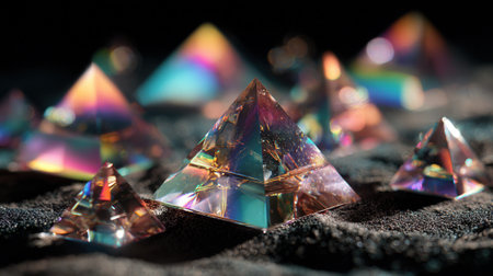 Colorful glass pyramids reflect vibrant light on a dark surface creating a stunning visual show.の素材