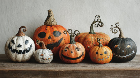 Colorful pumpkins with creative faces are arranged on a rustic wooden table celebrating fall.の素材