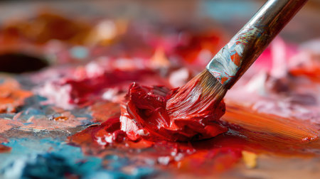 A close up view showcases vibrant paint hues on a wooden palette with a brush ready to create.の素材