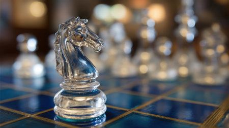 A crystal knight chess piece stands proudly on a vibrant blue board during an intense game.の素材