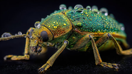 A colorful beetle showcasing rich green hues and glistening dew drops highlighting natures beauty.の素材