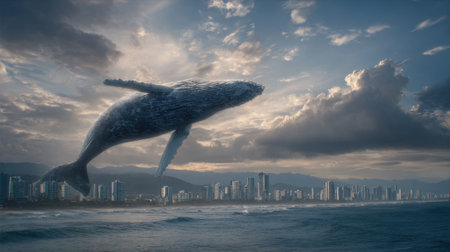 A giant whale gracefully lifts off the water near a coastal city showcasing natures beauty.の素材