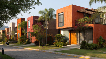 Brightly colored homes stand proudly along a peaceful street adorned with tropical plants and trees.の素材