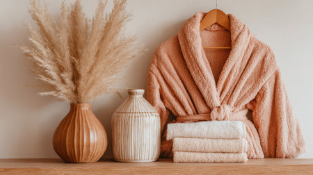 Soft pastel robe hangs beside cotton towels and elegant vases filled with dried flowers.の素材