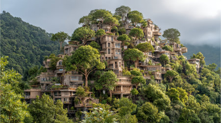 Brightly colored houses sit among vibrant trees on a hill showcasing an eco friendly village design.の素材