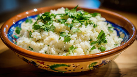 A flavorful bowl of rice topped with vibrant green herbs rests on a warm wooden surface.の素材