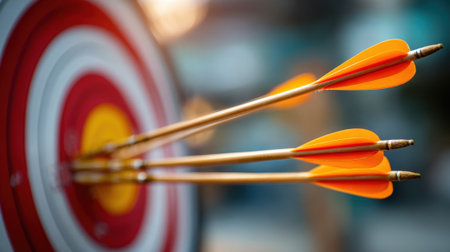 Four golden arrows with orange fletching hit the bullseye of a red and yellow target at sunset.の素材
