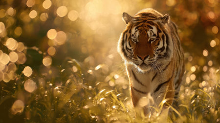 A fierce tiger wanders through tall grass under a warm golden light showcasing its beauty and power.の素材