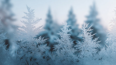 Beautiful frost covers trees on a cold winter morning creating a tranquil and serene atmosphere.の素材