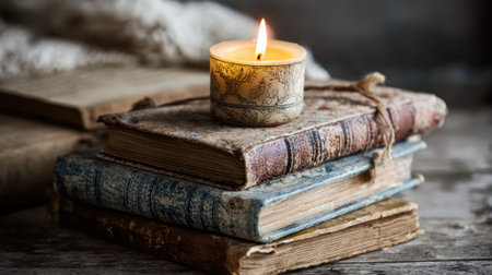 A flickering candle rests on stacked vintage books casting a warm glow in a serene setting perfect for reading.の素材