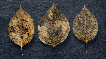 Delicate golden leaves displayed on a dark backdrop highlight natures artistry and detail.の素材