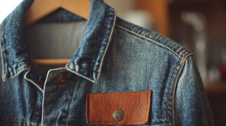 A stylish denim jacket with a leather patch is displayed on a wooden hanger indoors showcasing its texture.の素材