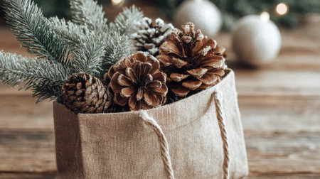 A rustic bag filled with pinecones and evergreen branches sits on a wooden table ready for the holidays.の素材