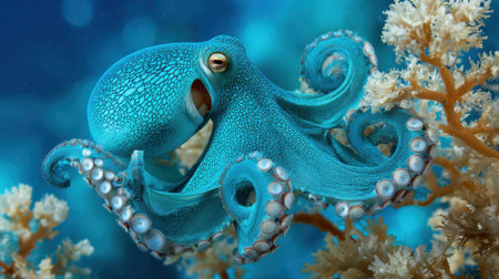 A vivid blue octopus moves gracefully among coral showcasing its beauty and agility in the ocean.の素材