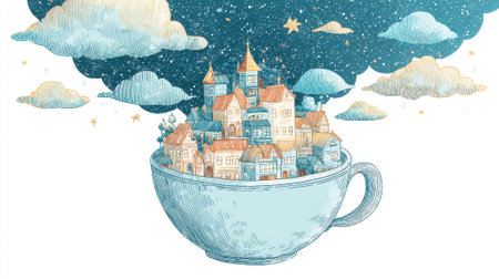 Tiny houses rise from a whimsical cup while stars sparkle and clouds gather above brightly.の素材