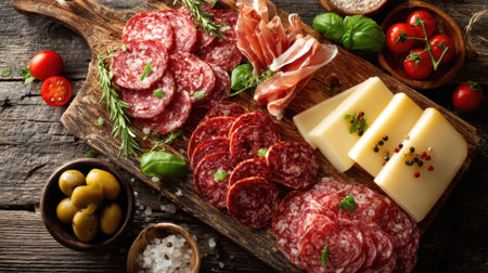 A variety of cured meats and cheese displayed beautifully on a wooden board in a cozy setting.の素材