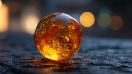 A stunning amber sphere shines brightly on a rough surface as evening light creates a warm glow.の素材