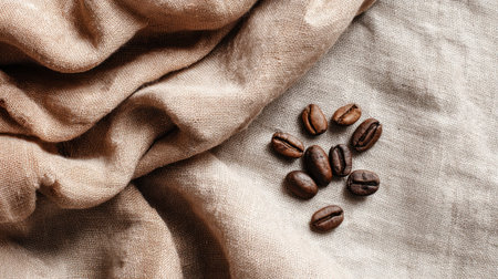 Coffee beans lie on soft linen capturing a sense of warmth and comfort in a rustic setting.の素材