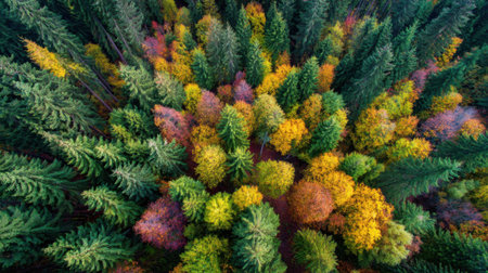 Trees display a stunning array of autumn colors creating a beautiful natural landscape in a forest.の素材