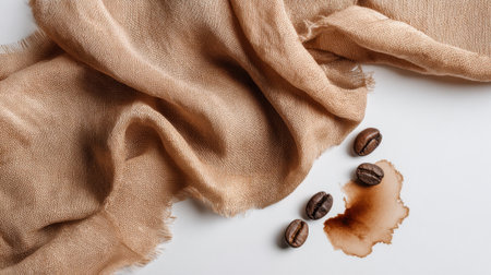 A soft beige fabric with coffee stains and scattered beans evokes a warm inviting atmosphere.の素材