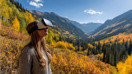 A person experiences virtual reality in a colorful mountain valley filled with autumn trees.の素材