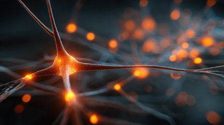 Bright orange neurons illuminate the darkness showcasing their intricate connections in a stunning display.の素材