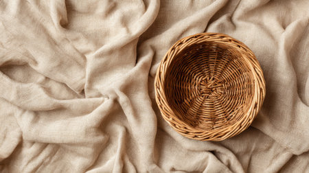 A handmade woven basket sits on soft linen creating a warm and inviting atmosphere in the setting.の素材