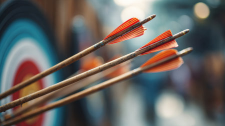 Colorful arrows with red feathers lie near a target amidst the excitement of archery practice.の素材