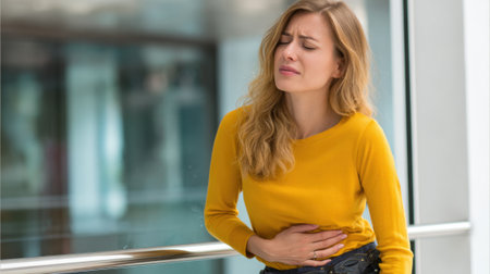 A woman in a yellow sweater holds her stomach showing signs of distress in a contemporary space.の素材
