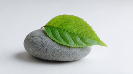 A vibrant green leaf rests gently on a smooth gray stone showcasing natural harmony and simplicity.の素材