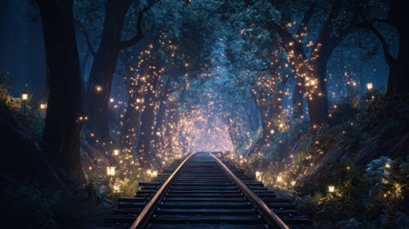 A serene railway winds through a dark forest illuminated by glowing lanterns and shimmering lights.の素材