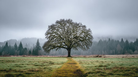 A vast field features a large tree amidst fog and low clouds offering a tranquil morning scene.の素材