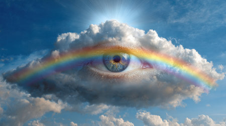 A captivating eye emerges from fluffy clouds with a colorful rainbow arcing below against a bright blue sky.の素材