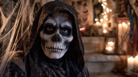 A mysterious figure dressed in dark robes stands amidst flickering candles and eerie decor creating a haunting atmosphere.の素材