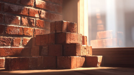 Warm sunlight streams through a window spotlighting a stack of rustic red bricks on a wooden surface.の素材