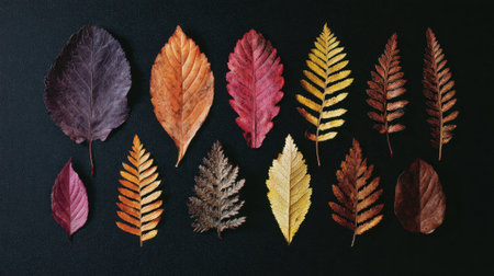 Different shapes and colors of autumn leaves spread across a dark surface create a stunning natural display.の素材