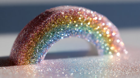 A colorful rainbow crafted from shiny glitter rests on a bright surface shimmering in the light.の素材