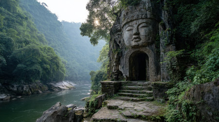 Majestic stone carvings overlook a peaceful river in a green valley during early morning light.の素材