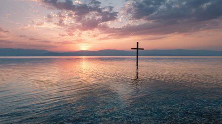 A cross rises above tranquil waters during a stunning sunset casting reflections as the day ends.の素材