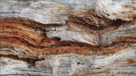 Close up view reveals intricate textures and colors of weathered wood in a natural setting.の素材
